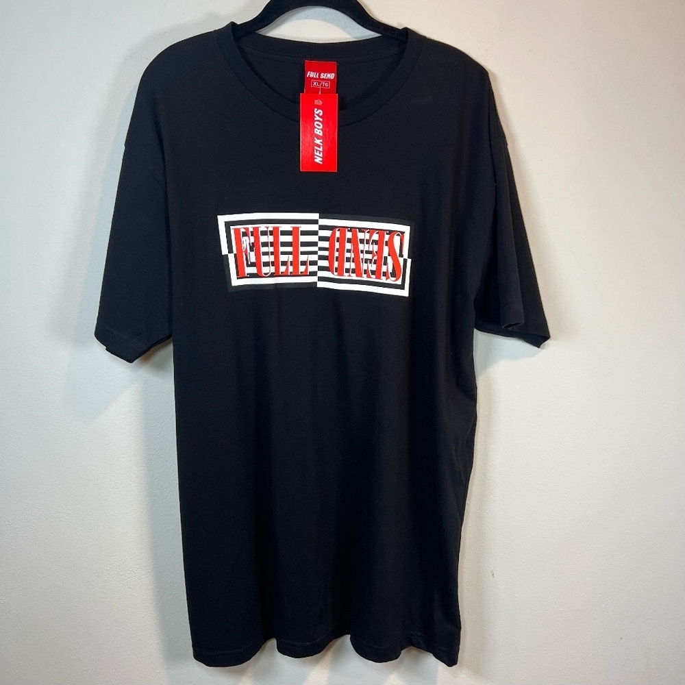 Full Send Nelk Boys Spell Out Crewneck T Shirt Black Short Sleeve Graphic NEW XL